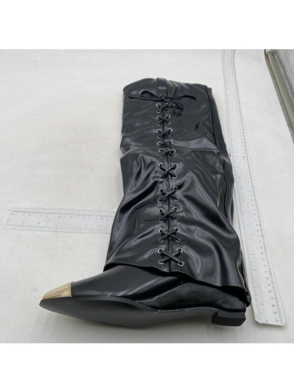 Metal Toe Fold Over Knee High Boots for Women Almond Toe High Boot Black Shoes